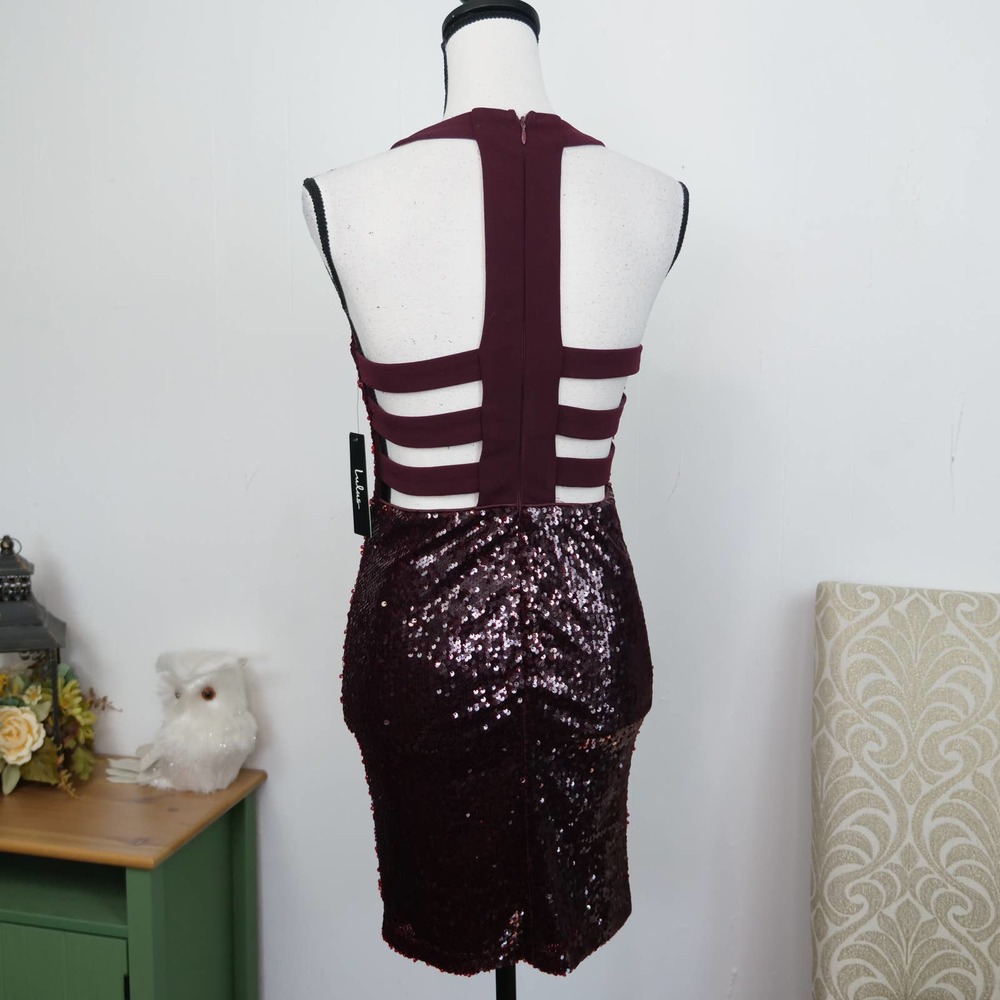 Lulu's Red Sequin Dress Size S Bodycon Cut Out Strappy Cage Back Burgundy Party - Picture 2 of 8